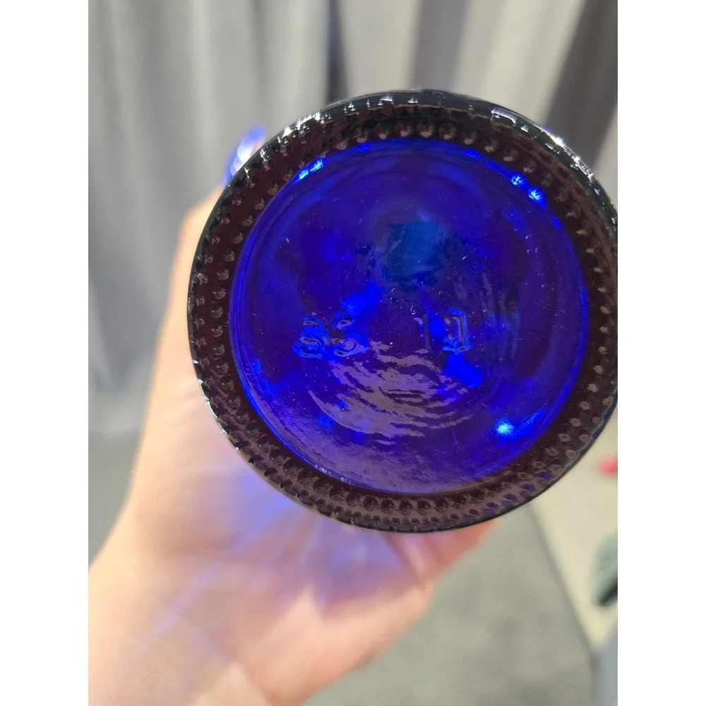 Vintage Cobalt Blue Glass Double Handle Vase Bottle Ribbed Small 7